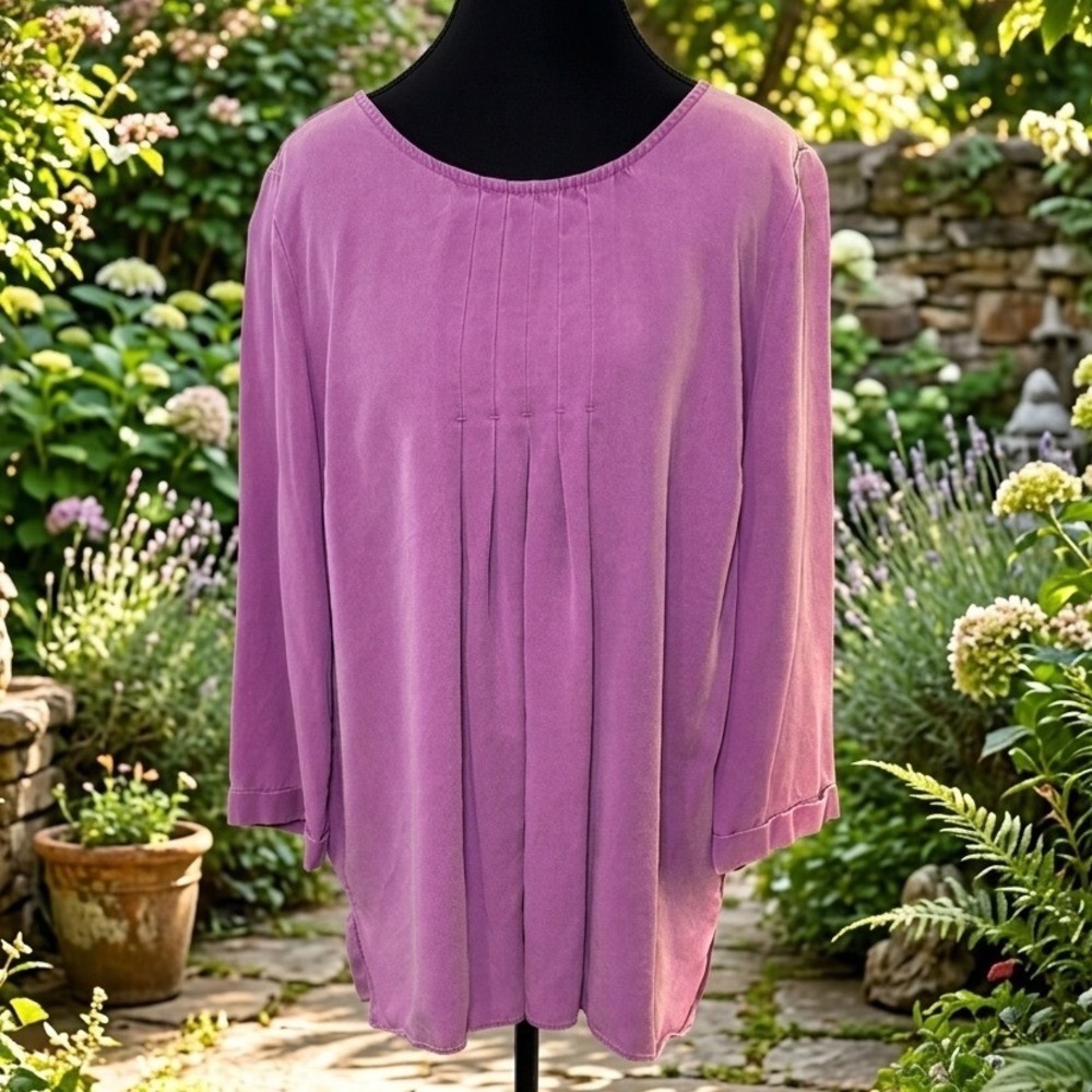 Soft Surroundings Orchid Purple Tencel Pleated Front 3/4 Sleeve Top Blouse M